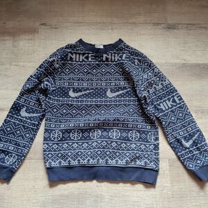 Nike Kids Fair Isle Sweatshirt L Navy White Swoosh Logo Crew Neck